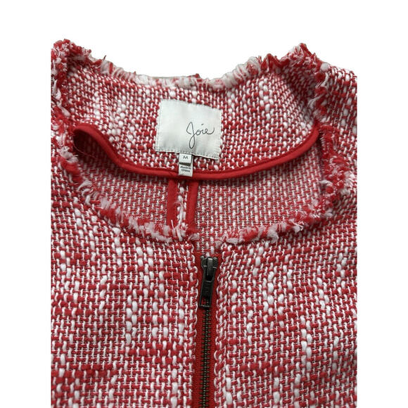 Joie Collis Tweed Twill Fringe Blazer Jacket Womens M Fitted Full Zip Red Cotton - Picture 7 of 9